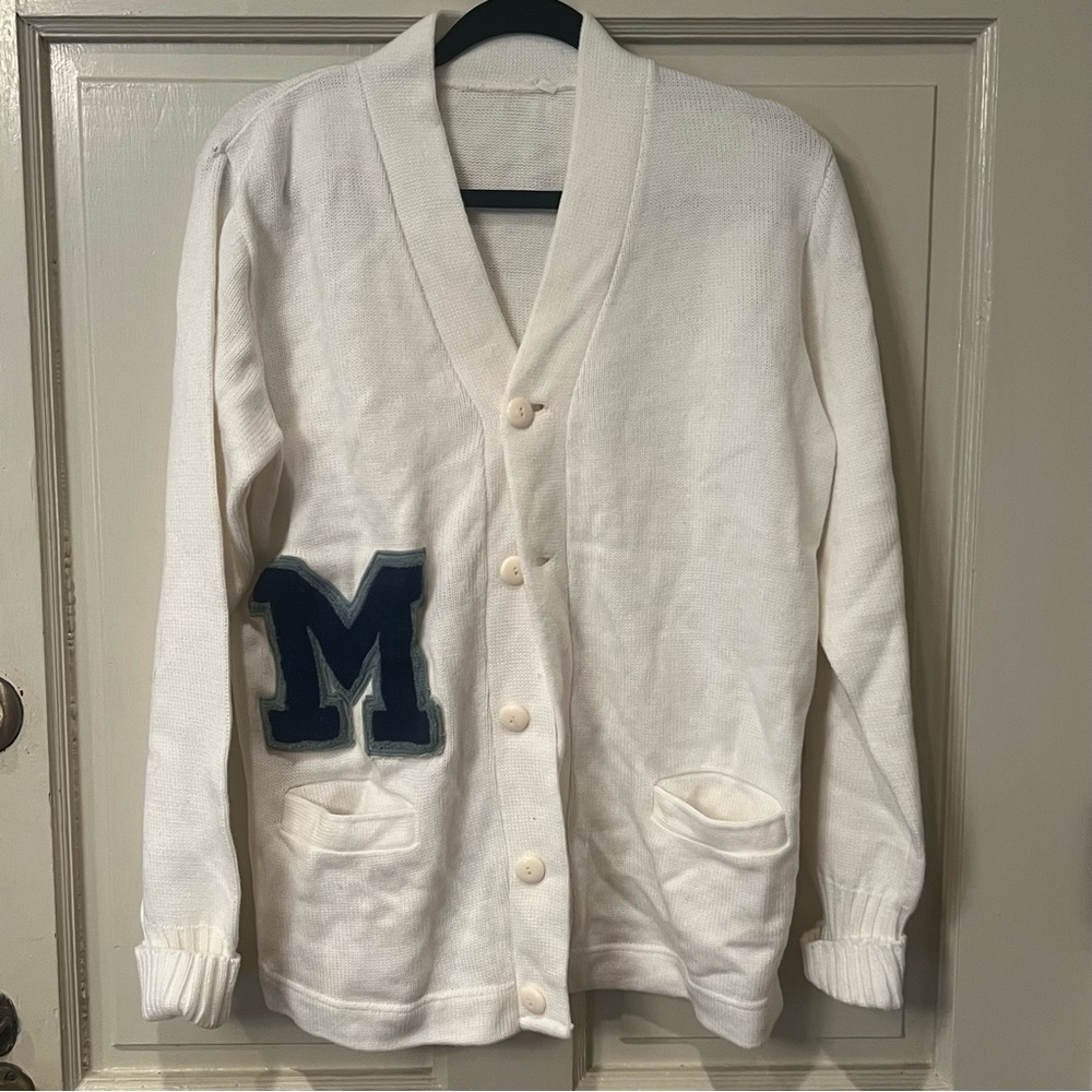 Vintage 60’s varsity M patch embroidered initial button up cardigan sweater